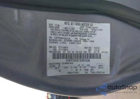 2007 Ford Taurus Se из США, поврежденный, VIN 1FAFP53UX7A207636